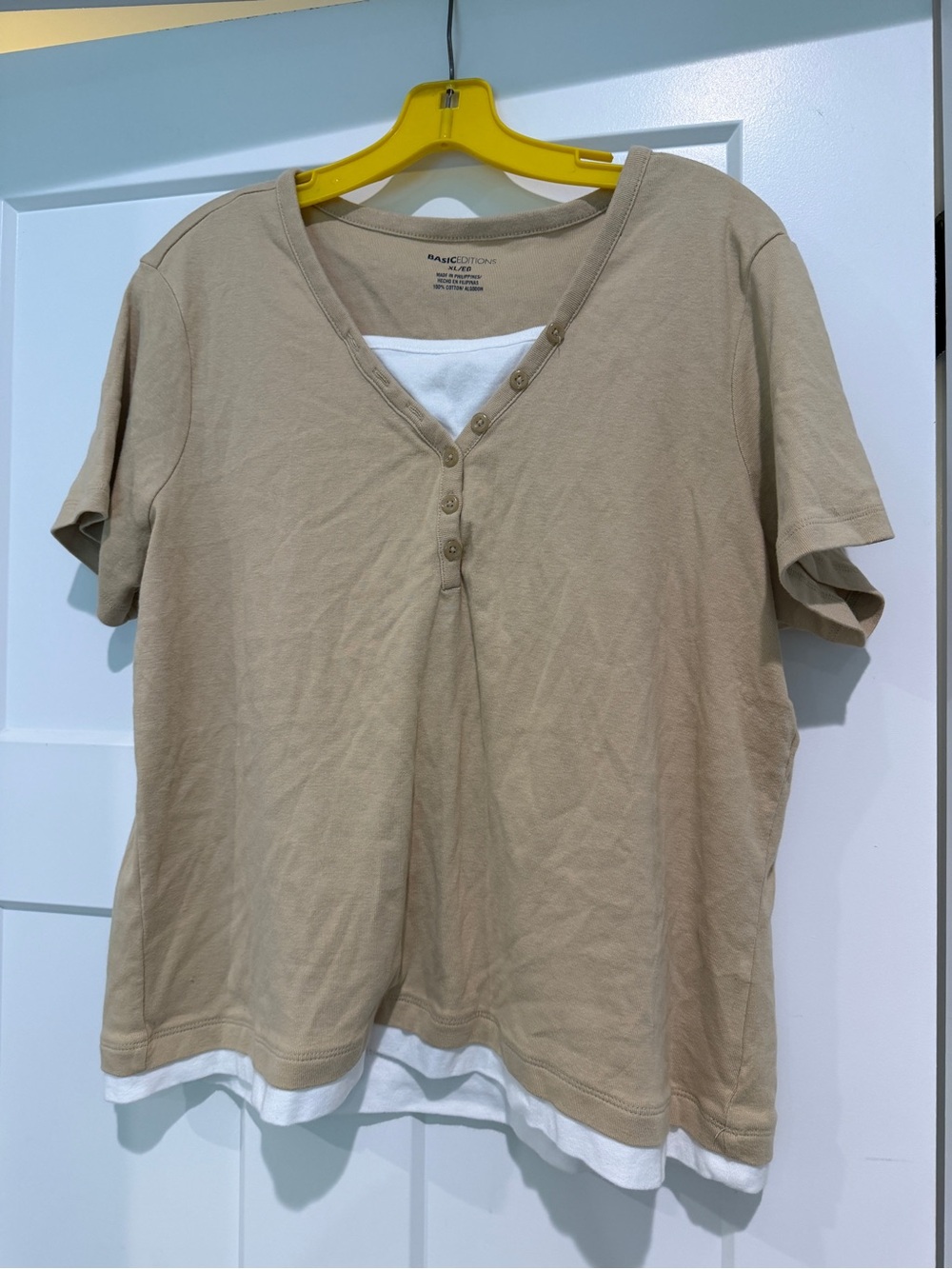 BASIC EDITIONS Women's Beige Layered Henley Top-Size XL